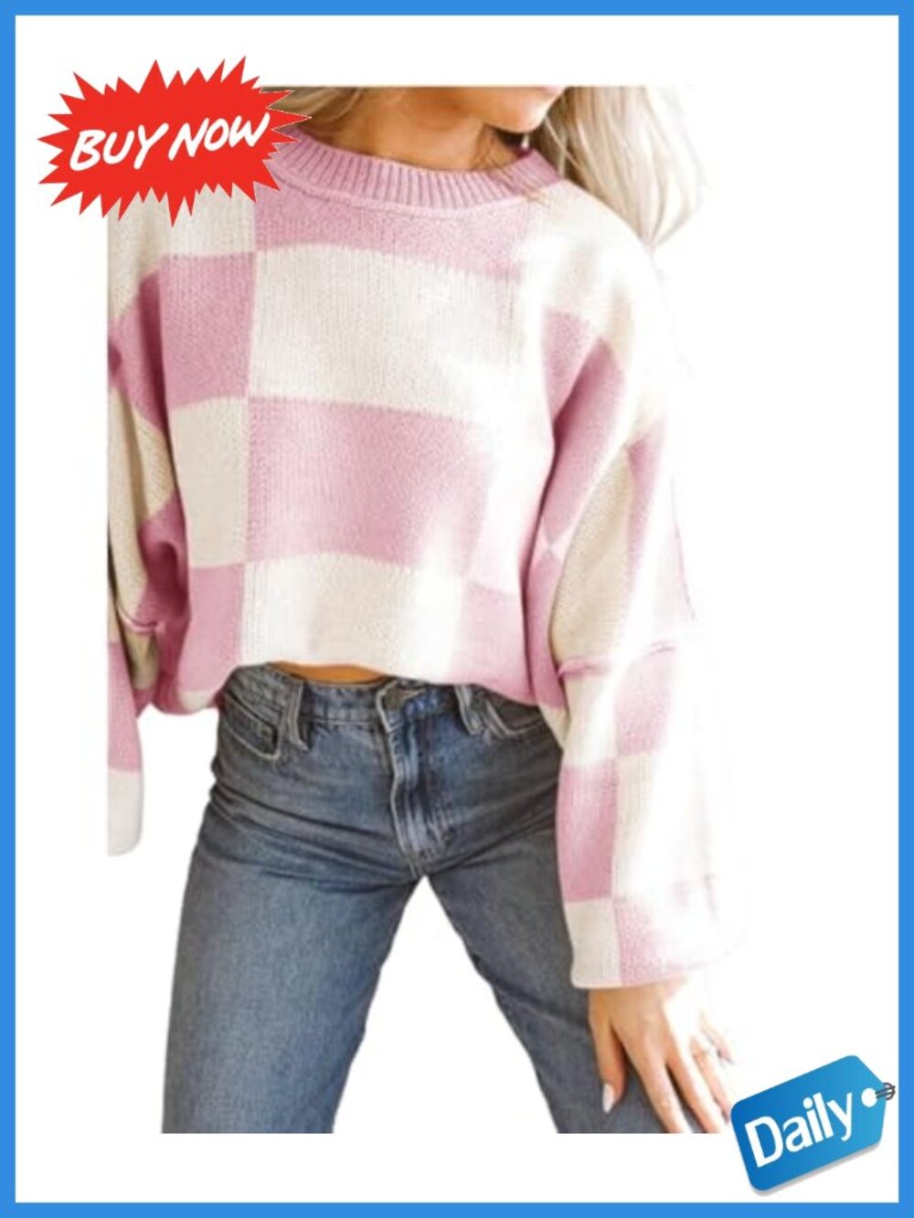 Oversized Checkered Sweater Women Long Sleeve Crew Neck Pullover